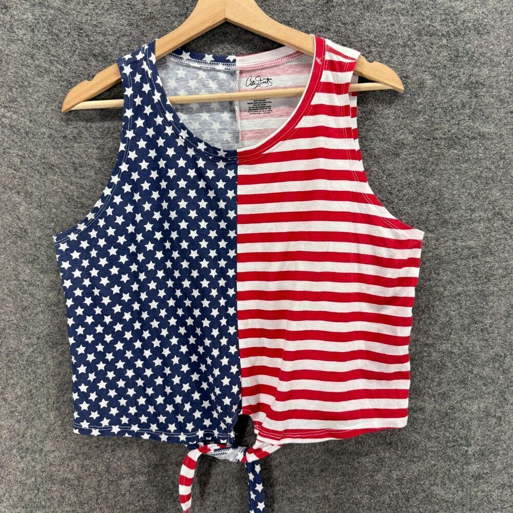 City Streets Tank Women XL Red American Flag Print Sleeveless Wide Strap Tie Up